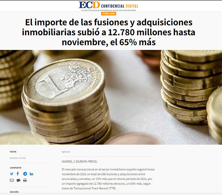 El importe de las fusiones y adquisiciones inmobiliarias subi a 12.780 millones hasta noviembre, el 65% ms